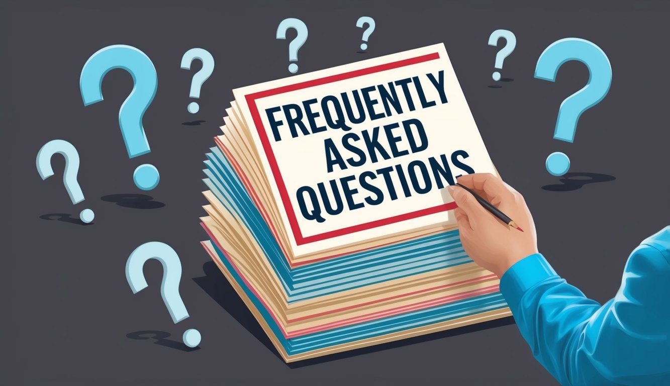 A stack of paper with a bold "Frequently Asked Questions" heading, surrounded by question marks and a person reading it