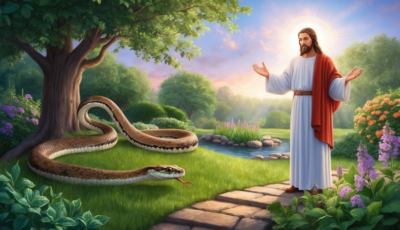 A serene garden with a snake and a figure symbolizing Christ, surrounded by a sense of hope and promise