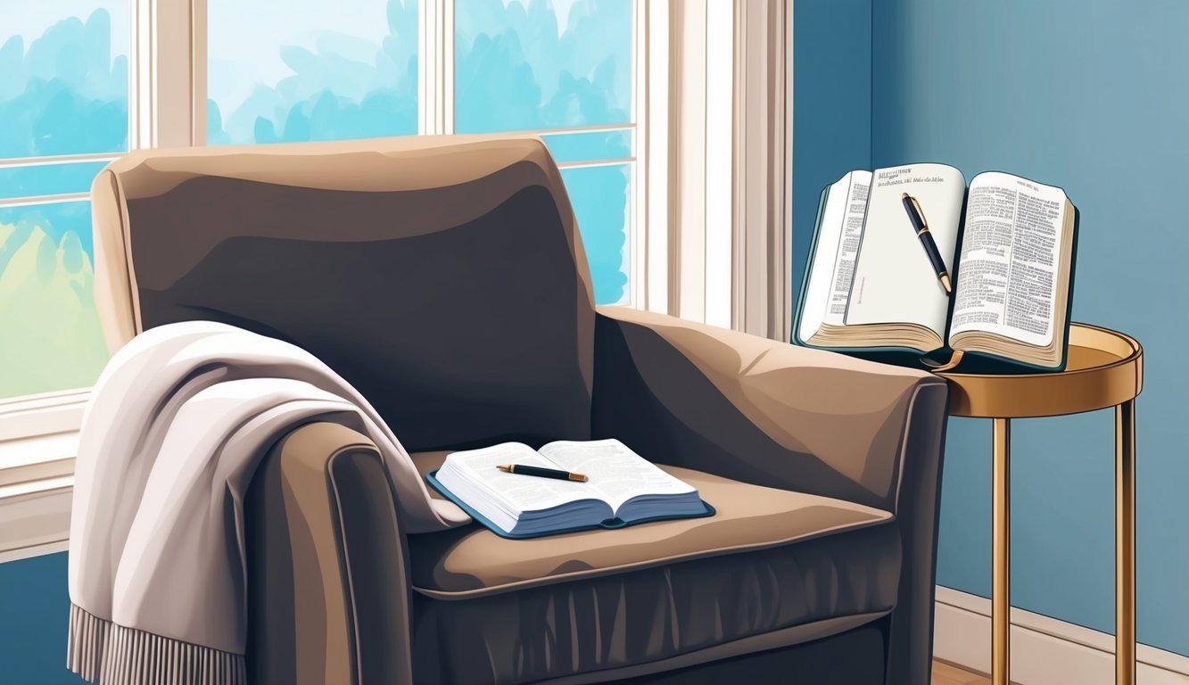 A cozy armchair by a window, with a small table holding a Bible, journal, and pen.</p><p>A soft blanket is draped over the armrest