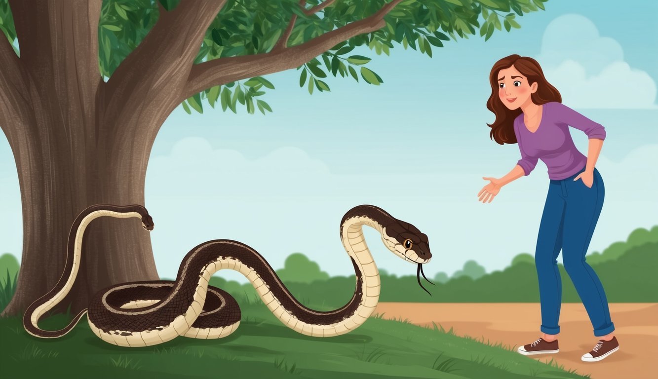 A snake slithers towards a woman standing near a tree, as she looks at it with a mix of fear and curiosity