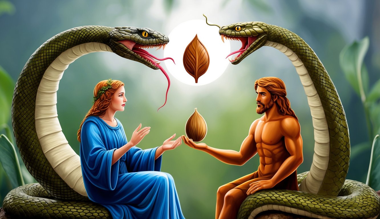 A serpent and a figure representing humanity with a seed between them