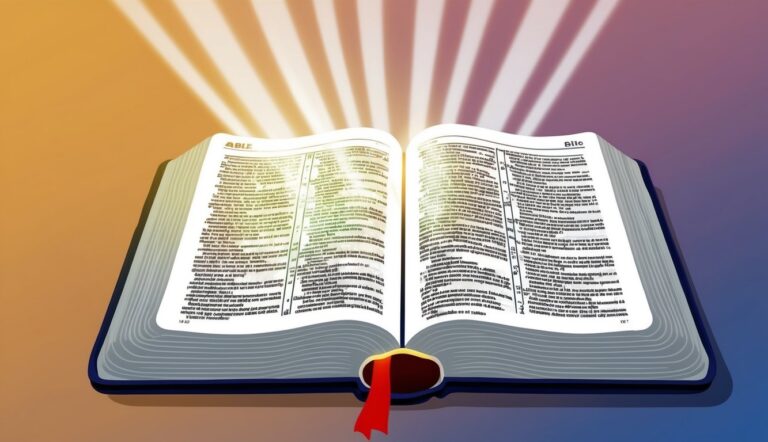 Open book with red bookmark, illuminated by light rays