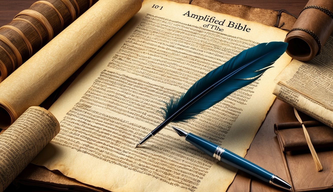 A quill pen writes on parchment as ancient scrolls and manuscripts surround it, symbolizing the historical context and development of the Amplified Bible