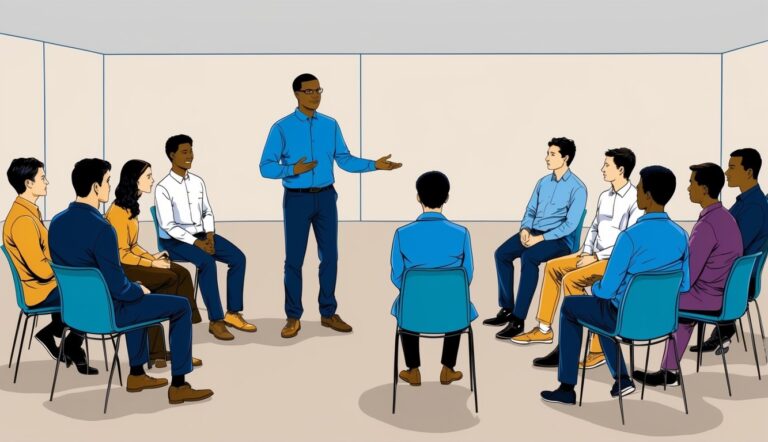 A man giving a presentation to a group of people in a circle