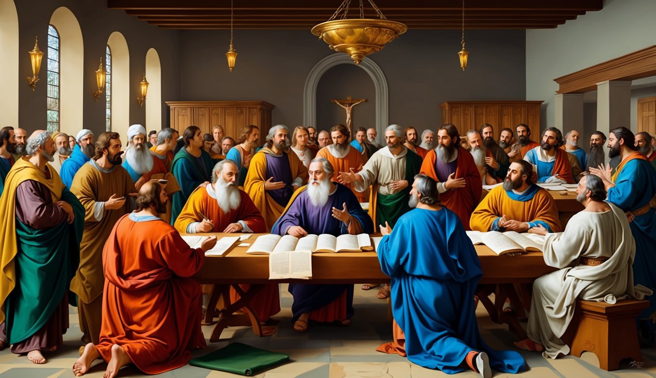 A gathering of early Christians discussing and debating in a meeting hall, with scrolls and writings spread out on tables