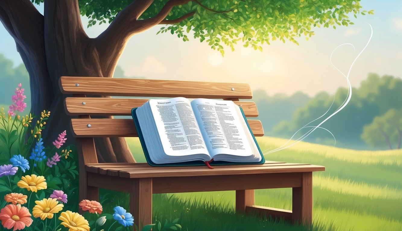 A serene landscape with an open Bible on a wooden bench under a tree, surrounded by colorful flowers and a gentle breeze