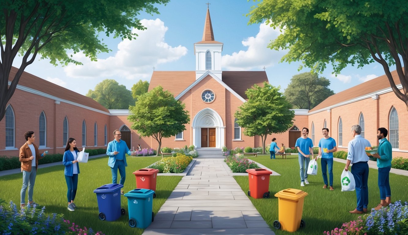 A serene church courtyard with a garden, recycling bins, and people engaging in ethical activities like volunteering and donating