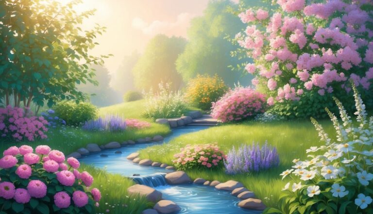A serene garden scene with a stream, flowers, and lush greenery
