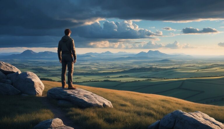 Man standing on a rock, overlooking a vast green landscape and mountains