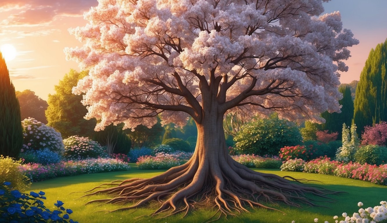 A blooming tree with deep roots, surrounded by a garden in full bloom, under the warm light of the setting sun