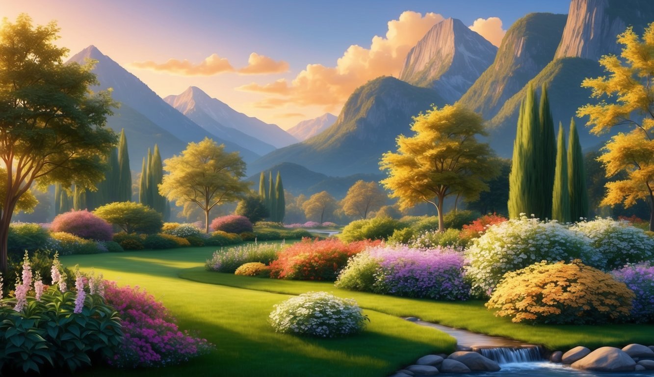 A serene garden with blooming flowers and a gentle stream, surrounded by towering mountains under a golden sunset