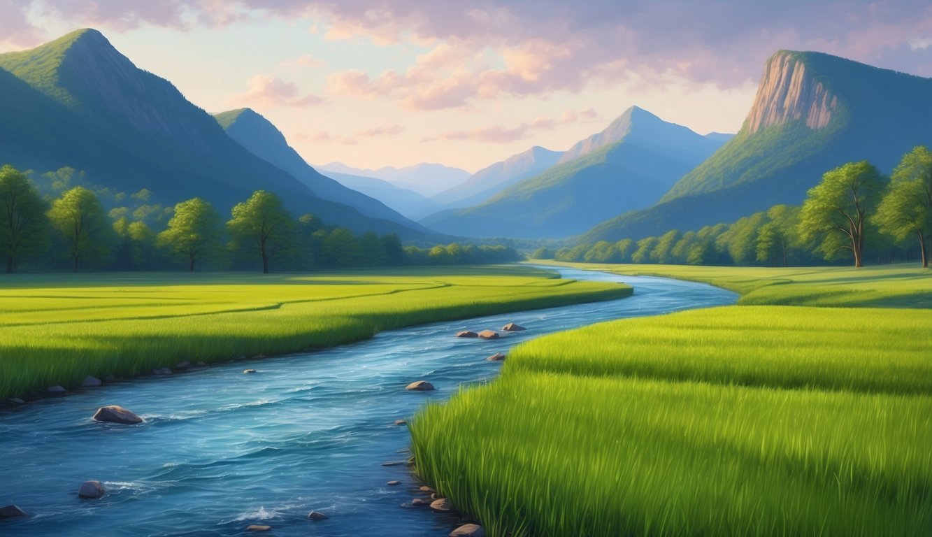 A serene landscape with a river flowing through lush green fields and tall mountains in the background