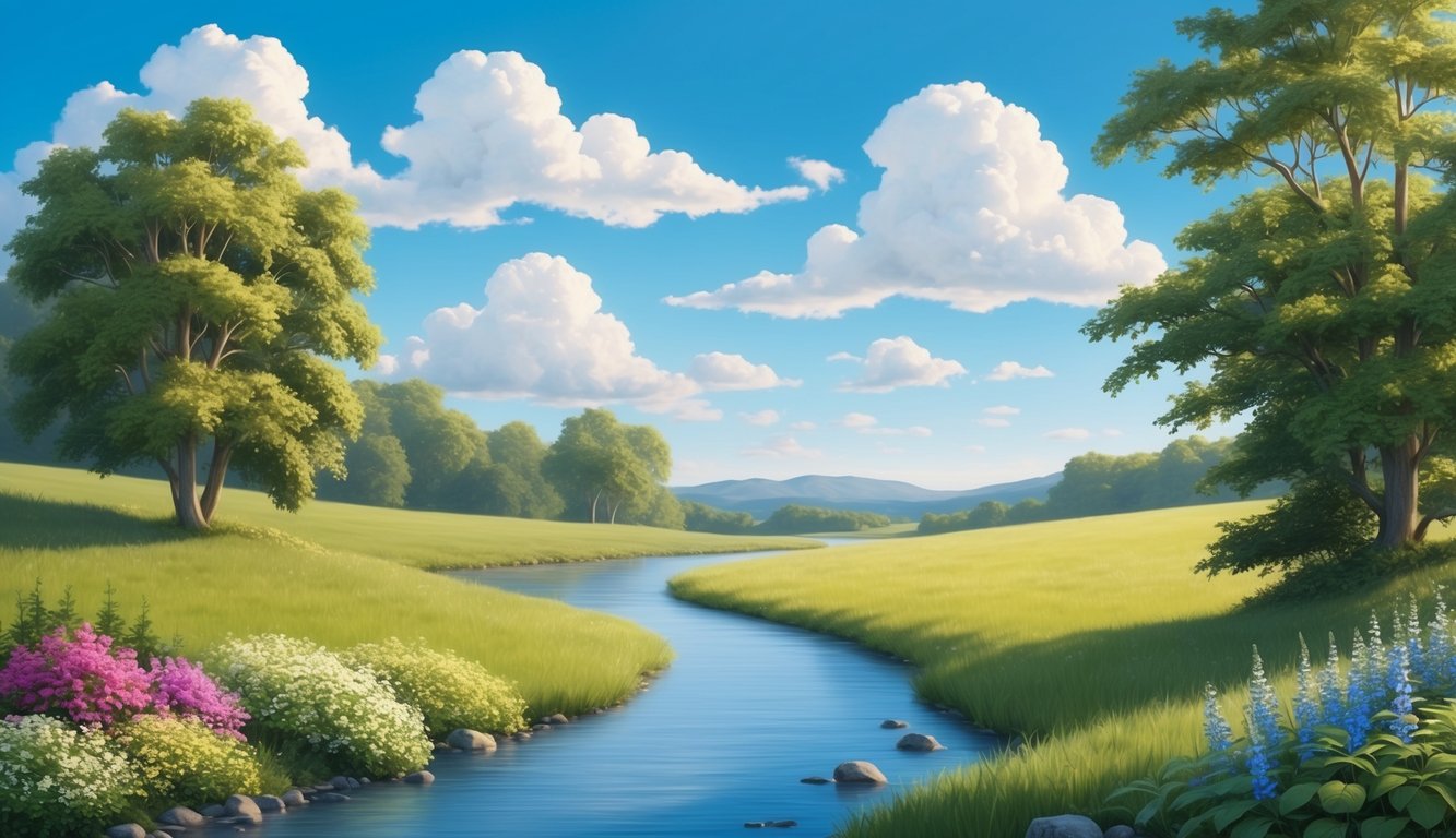 A serene landscape with a gentle stream, surrounded by lush greenery and vibrant flowers, under a clear blue sky with fluffy white clouds