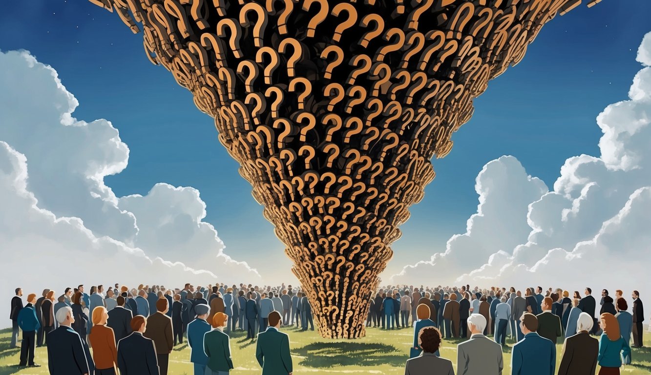 A towering stack of question marks, reaching towards the sky, surrounded by a crowd of inquisitive figures