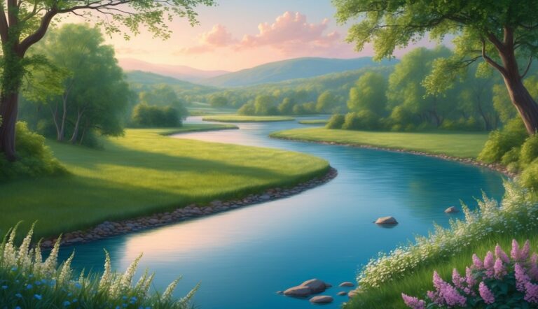 Scenic landscape with a winding river, green grass, trees, and mountains