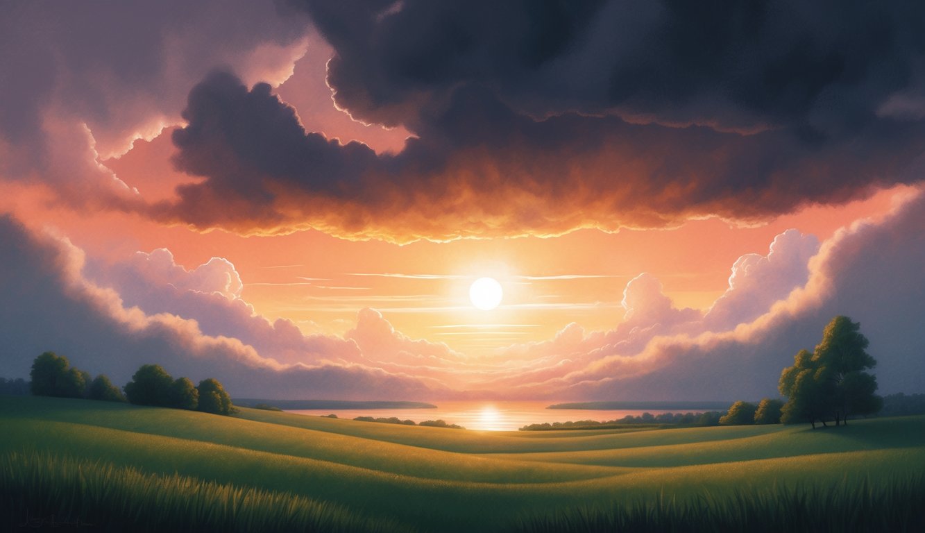 A serene landscape with a vibrant sunrise breaking through dark clouds, symbolizing unwavering faith in God's promise