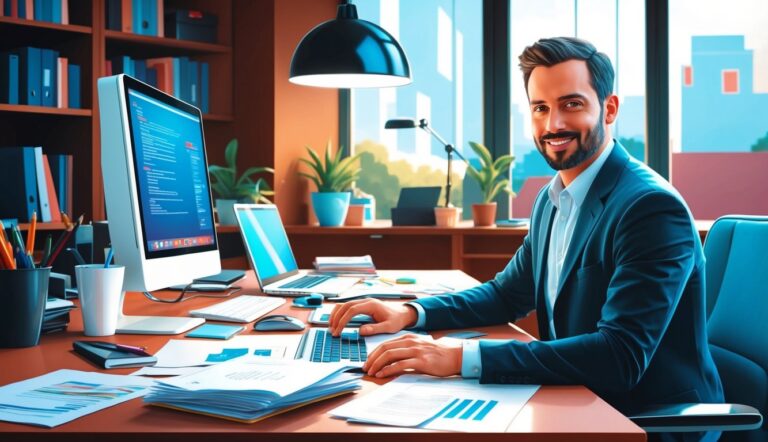 Smiling businessman in suit working at desk with computer and documents