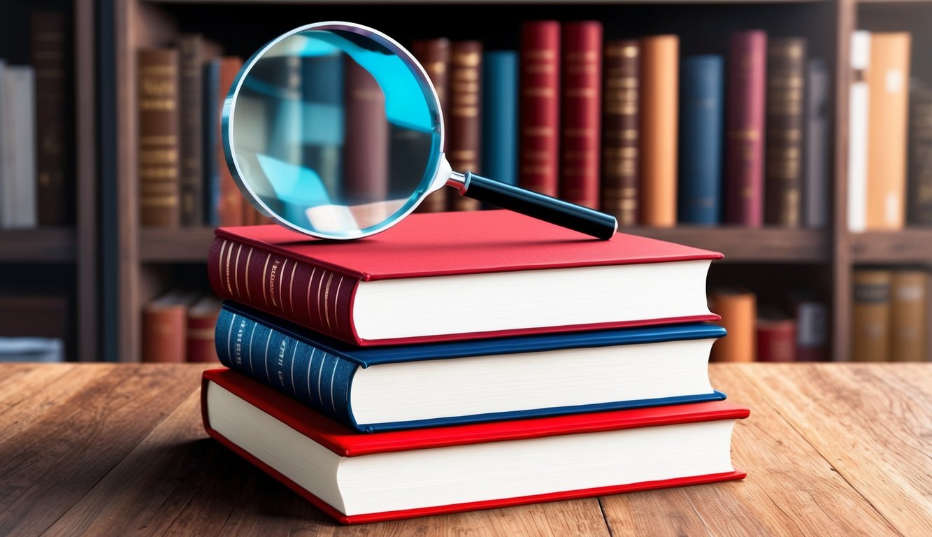 A stack of books with a magnifying glass on top