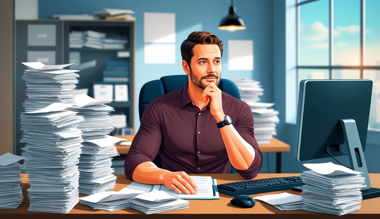 A man sitting at a desk, surrounded by stacks of papers and a computer, with a thoughtful expression on his face