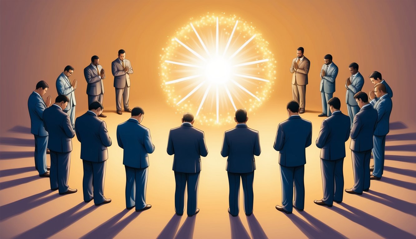 A group of figures stand in a circle, heads bowed in prayer.</p><p>A warm, glowing light surrounds them, symbolizing the healing power of faith