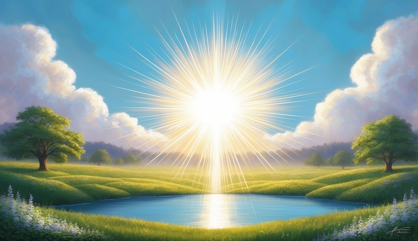 A radiant light shining down on a peaceful, serene landscape, with a sense of hope and healing emanating from the scene