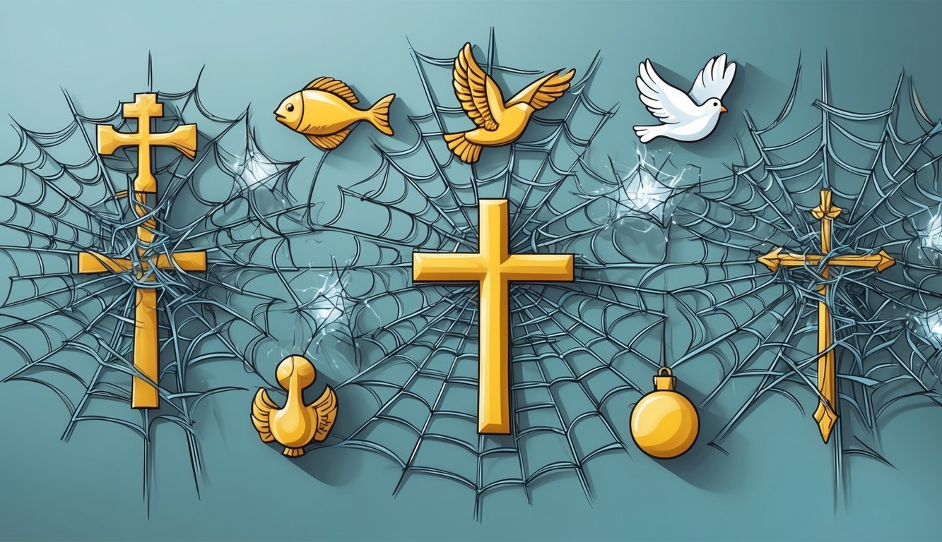 A series of iconic symbols representing Christianity (cross, fish, dove, etc.) surrounded by a web of tangled misconceptions being shattered and debunked