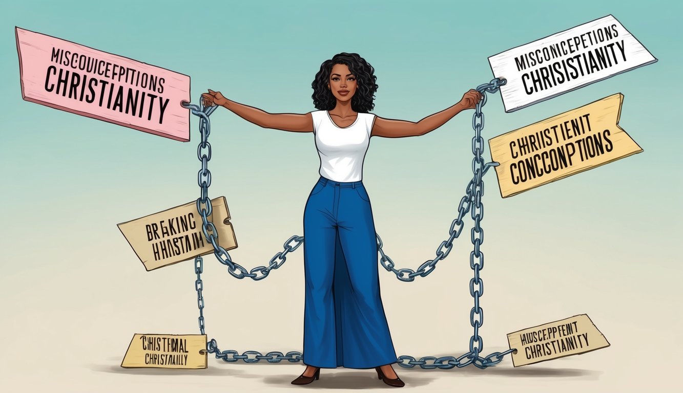 A woman standing confidently, breaking free from chains labeled with misconceptions about Christianity