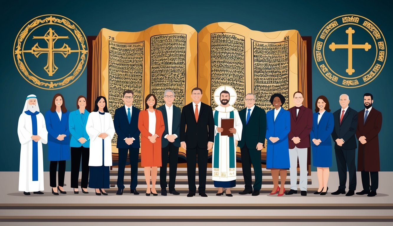 A group of people standing in front of a large, ancient book, with symbols of Christianity surrounding them