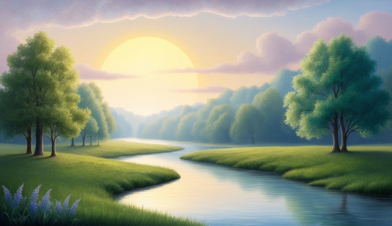 A serene landscape with a glowing sun, a calm river, and a peaceful forest, symbolizing the truth and purity of Christianity