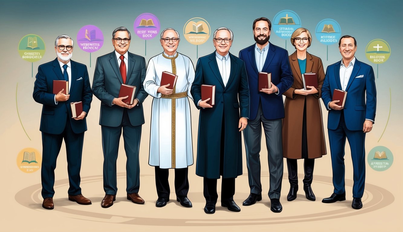 A group of six influential Christian authors standing together, each holding a book and surrounded by symbols of their most famous works