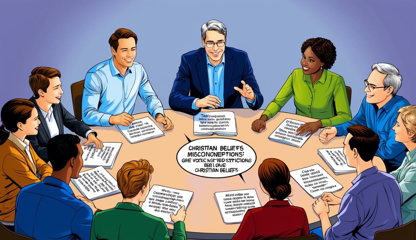 A group of people gathered around a table, engaging in a lively discussion about Christian beliefs.</p><p>Various misconceptions are being debunked through thoughtful dialogue and exchange of ideas