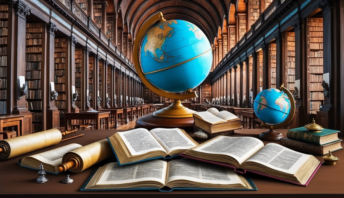 A grand library with ancient scrolls, a globe, and religious artifacts.</p><p>Books are scattered open, revealing historical texts on Christianity