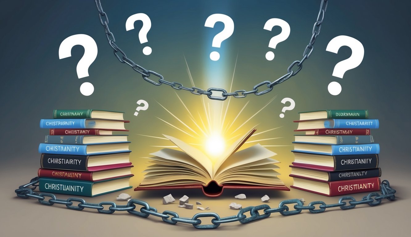 A stack of books on Christianity with question marks floating above, surrounded by broken chains and a shining light dispelling misconceptions