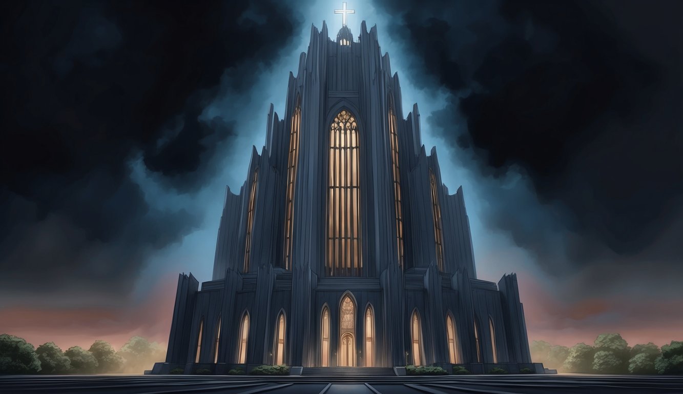 A towering mega church looms ominously, shrouded in darkness.</p><p>Hidden secrets lurk within its grand facade