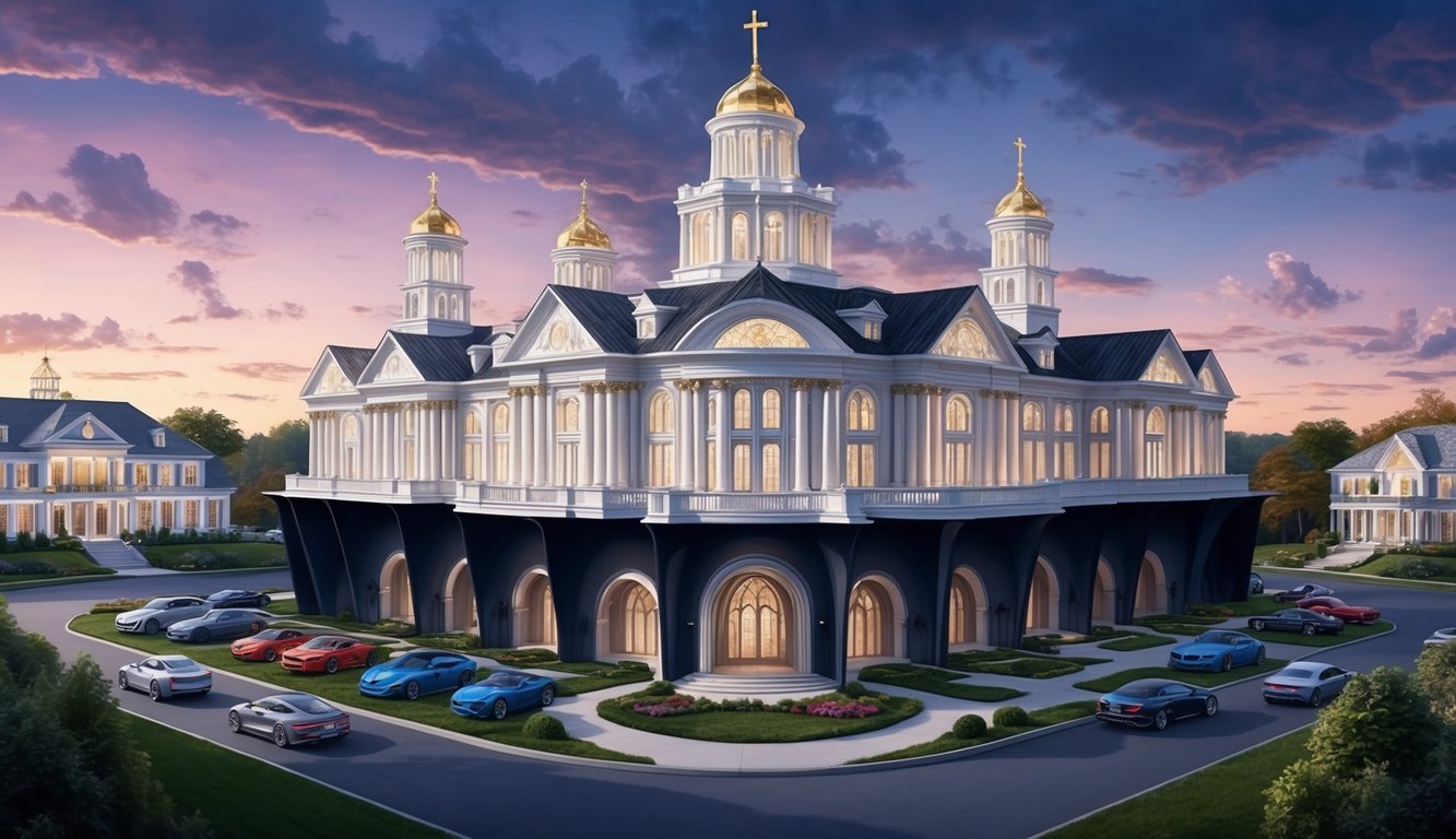 A grand, opulent megachurch with a shadowy underbelly, surrounded by lavish mansions and luxury cars