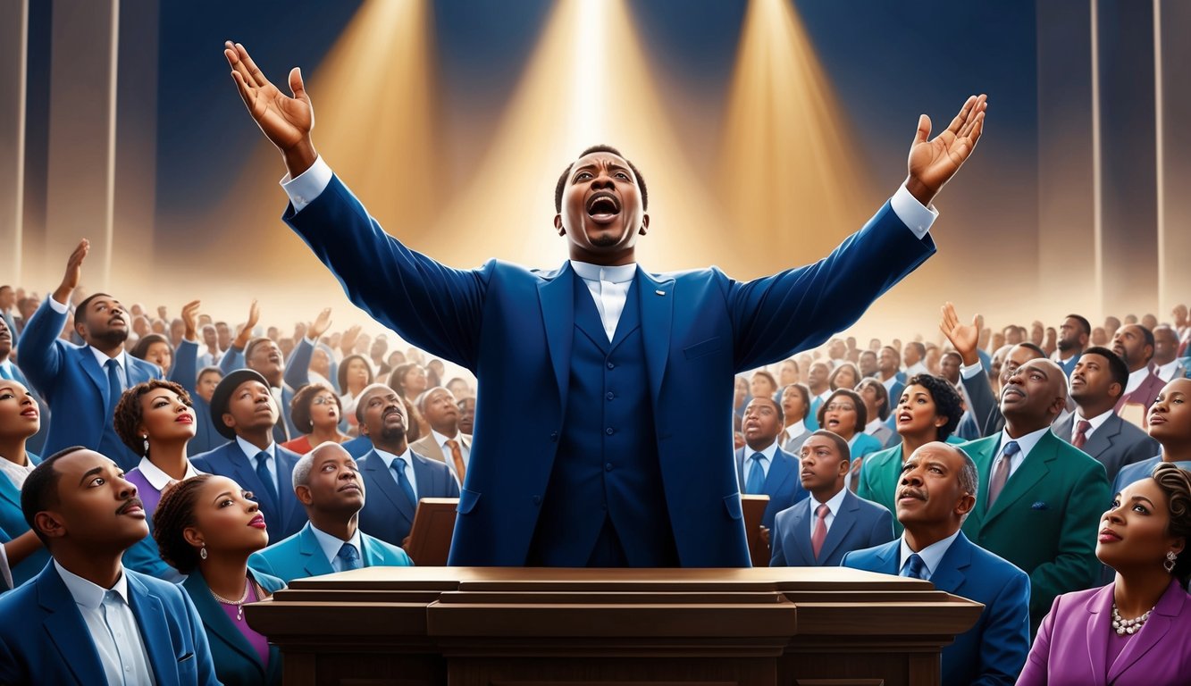 A powerful preacher stands at the pulpit, arms raised in fervent proclamation, as the congregation looks on with awe and reverence