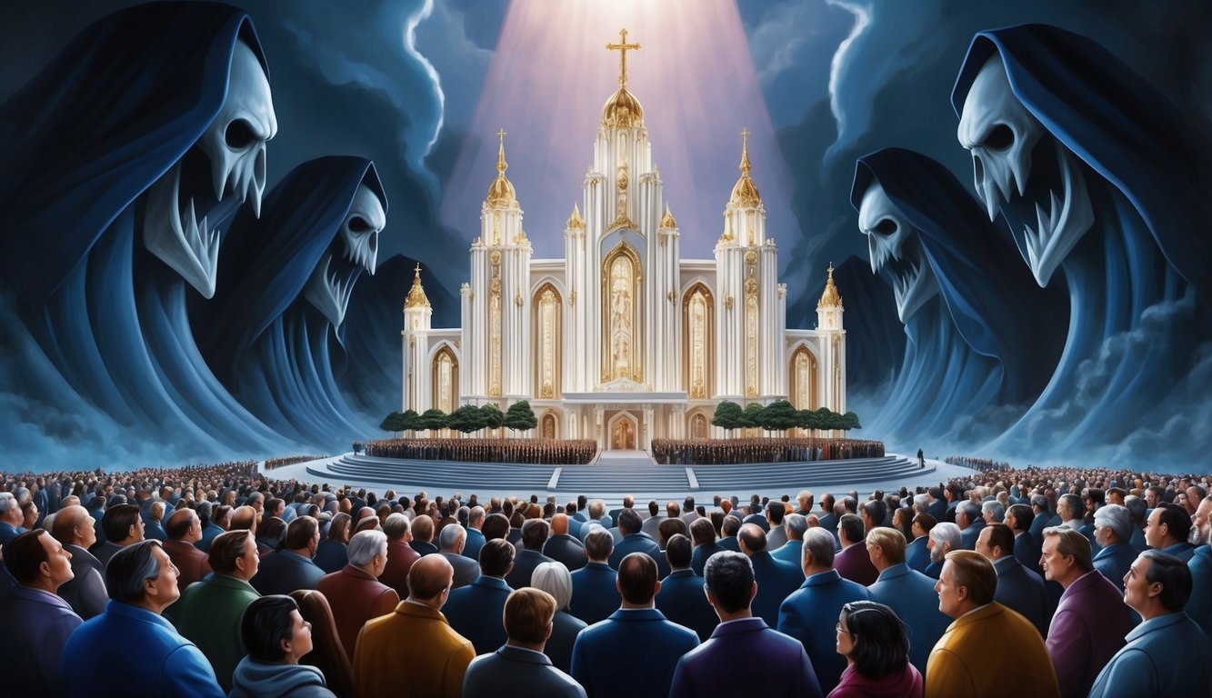 A large, opulent mega church with a crowd of adoring followers, surrounded by ominous shadows and hidden secrets