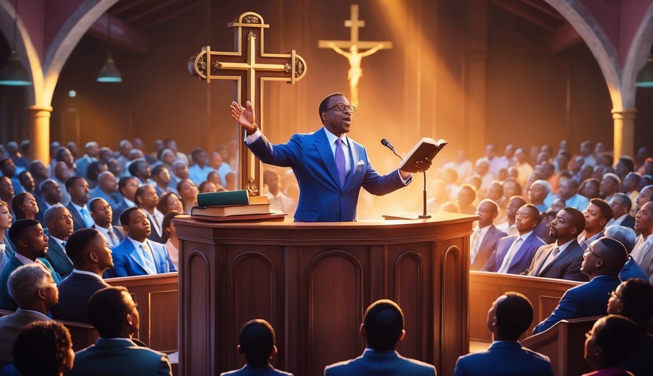 A pulpit adorned with a Bible and a cross, bathed in warm light, as a preacher delivers a powerful sermon to a captivated congregation