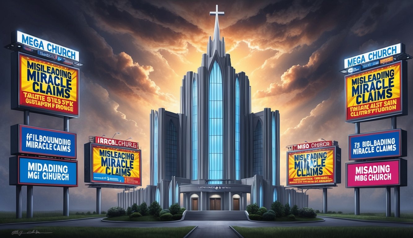 A towering mega church looms ominously, surrounded by flashy billboards touting misleading miracle claims