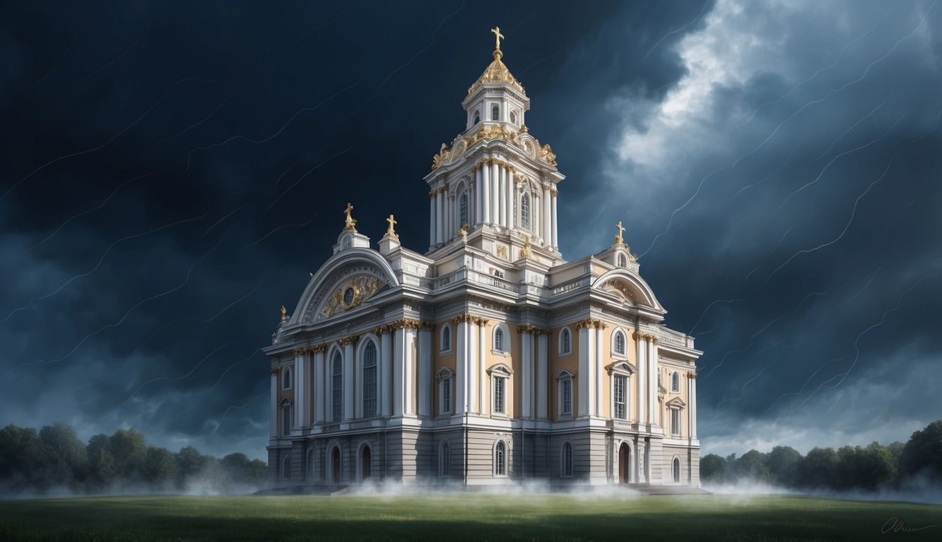 A large, opulent church building looms ominously against a stormy sky, surrounded by whispers and shadows