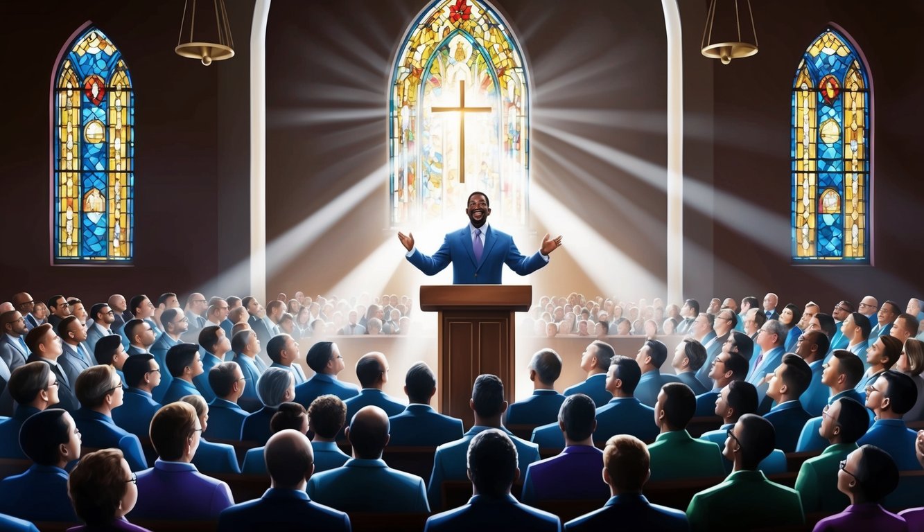 A podium surrounded by a congregation, with a preacher delivering a powerful sermon.</p><p>Rays of light shining through stained glass windows