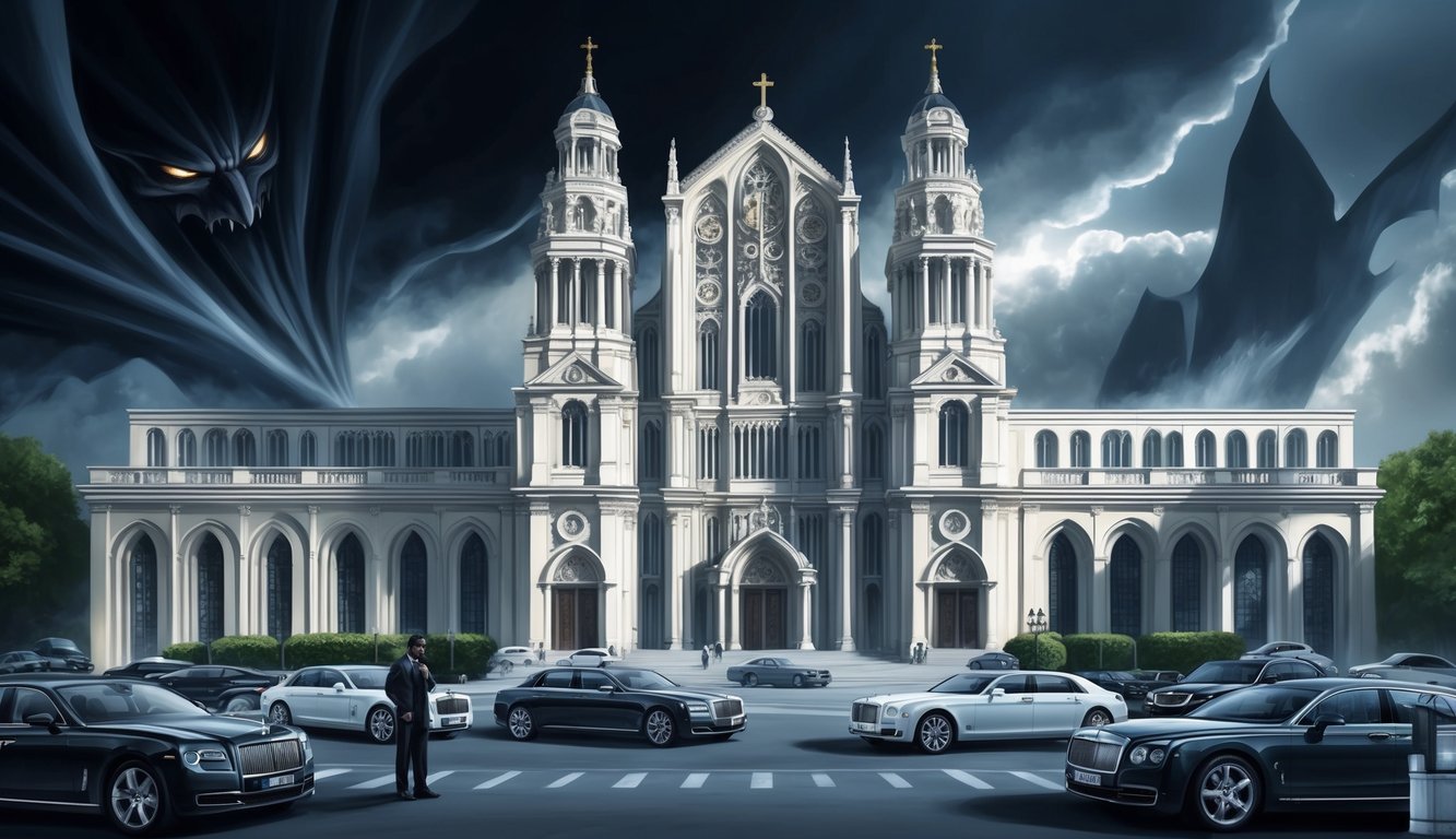 A massive, ornate church building looms ominously, surrounded by luxury cars and guarded by security.</p><p>Sinister shadows hint at hidden secrets within