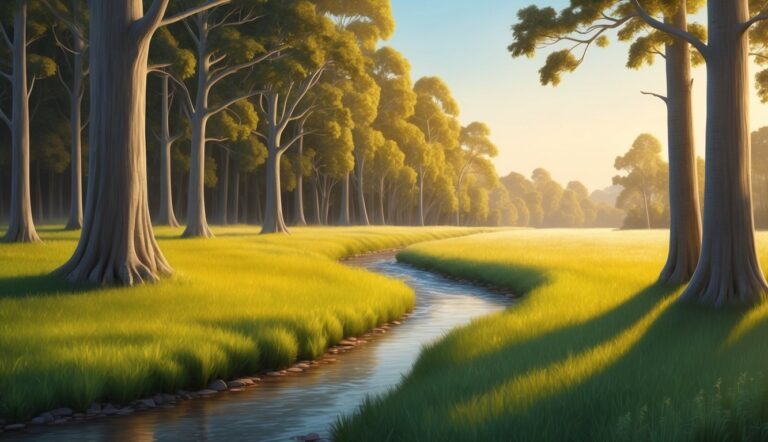 A winding stream flows through a grassy field lined with tall trees