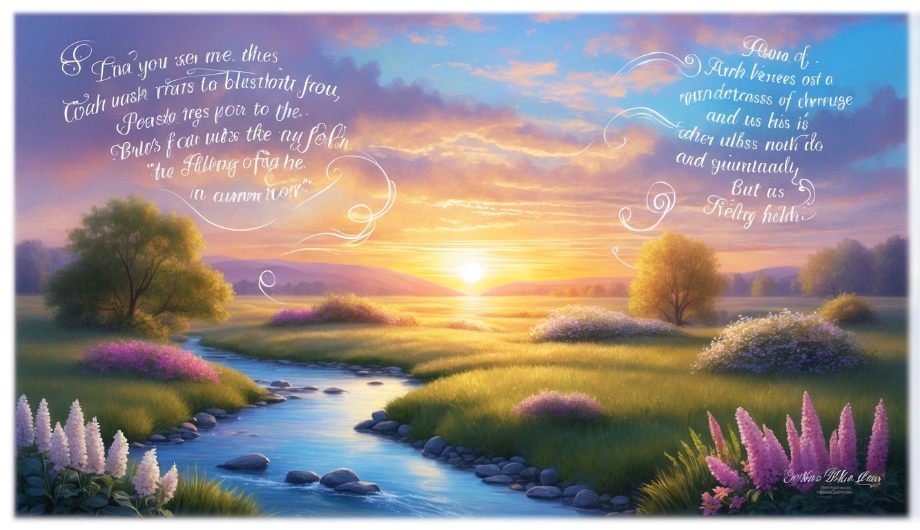 Sunrise over a tranquil landscape with a peaceful stream and blooming flowers, surrounded by uplifting Bible verses floating in the air