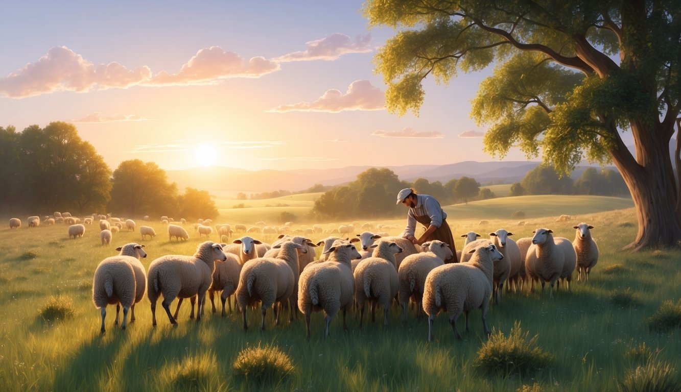 A peaceful meadow with a shepherd tending to a flock of sheep.</p><p>Sunrise casting a warm glow over the landscape