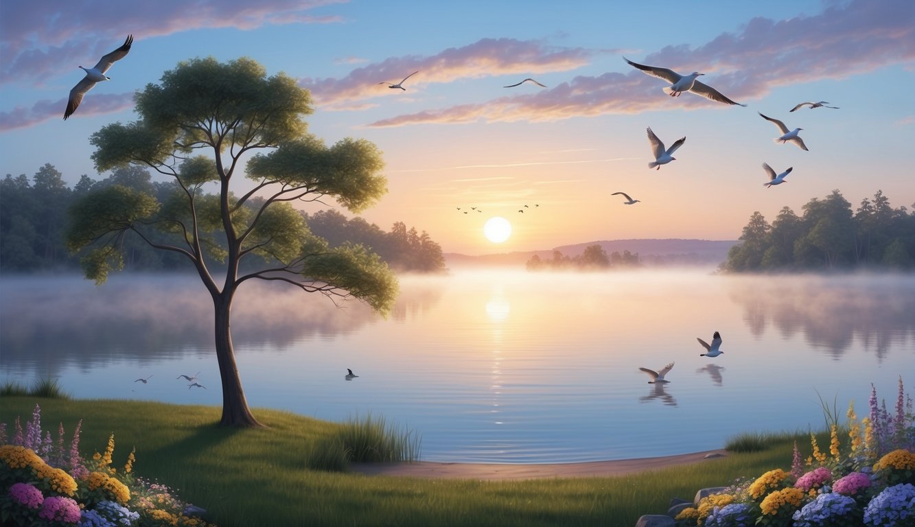 A serene sunrise over a calm, misty lake with a single tree on the shore, surrounded by colorful flowers and birds in flight