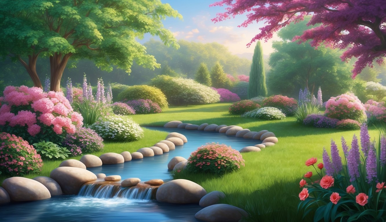 A serene garden with a flowing stream, blooming flowers, and a peaceful atmosphere