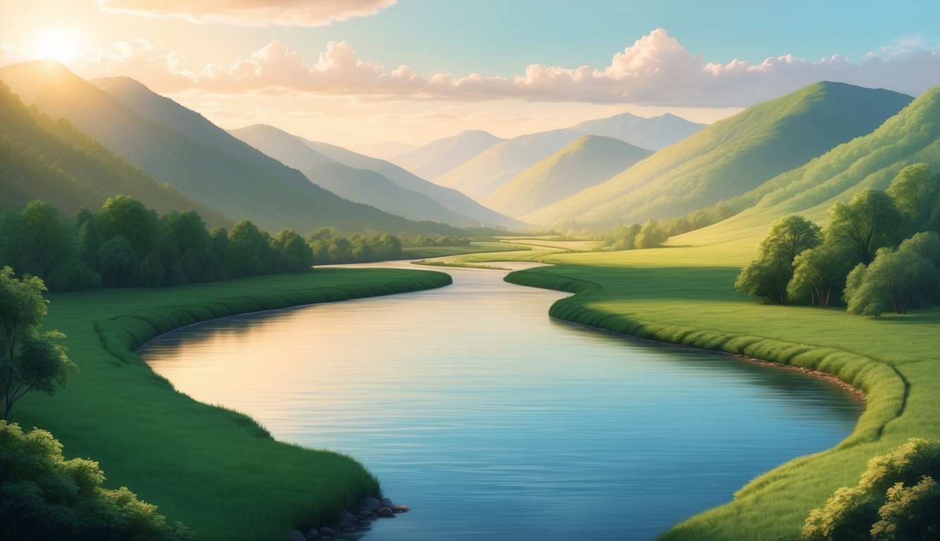 A serene landscape with a calm river flowing through a lush green valley, surrounded by mountains and bathed in warm sunlight