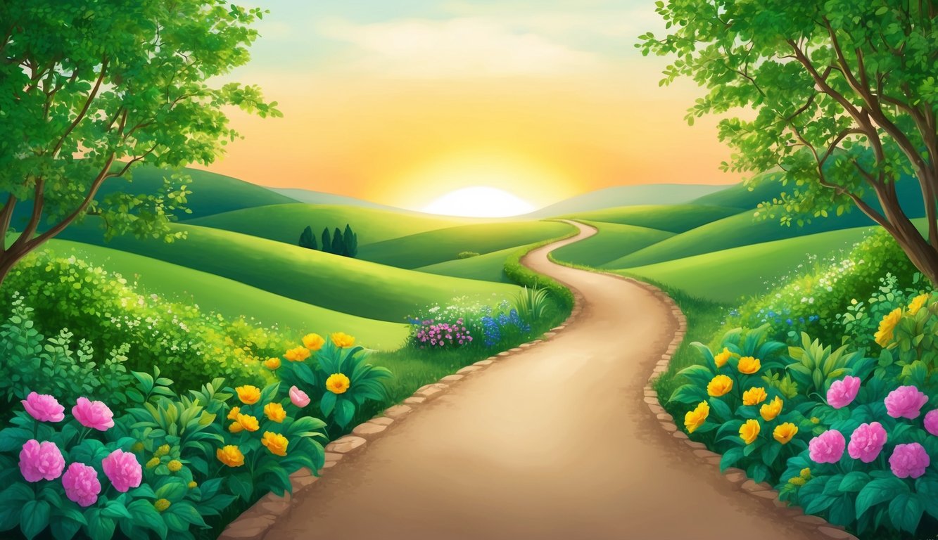 A serene landscape with a winding path leading to a glowing, sunlit horizon, surrounded by lush, vibrant greenery and blooming flowers