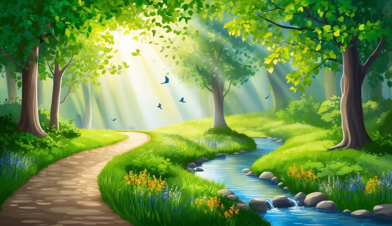 A serene path winds through a lush forest, dappled sunlight filtering through the leaves.</p><p>A small stream glistens nearby, surrounded by colorful wildflowers.</p><p>Birdsong fills the air, creating a peaceful atmosphere for reflection and gratitude